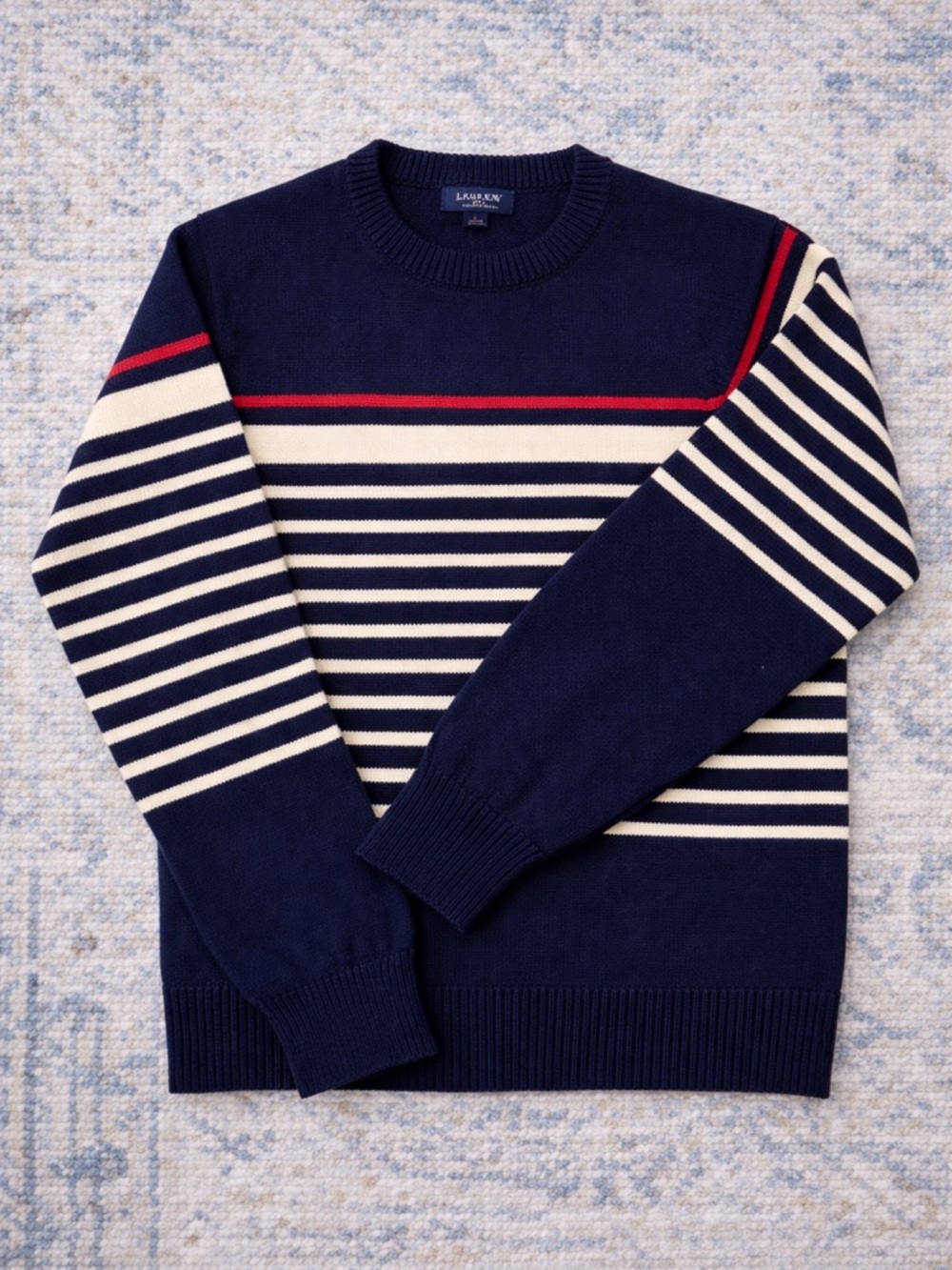 JCREW Navy Crewneck Sweater with White Stripes and Red Accent